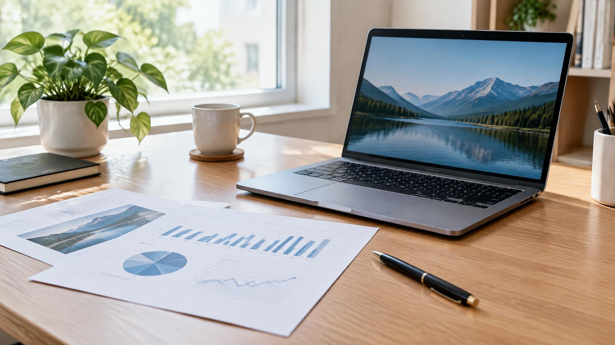 Documents and laptop on a work desk